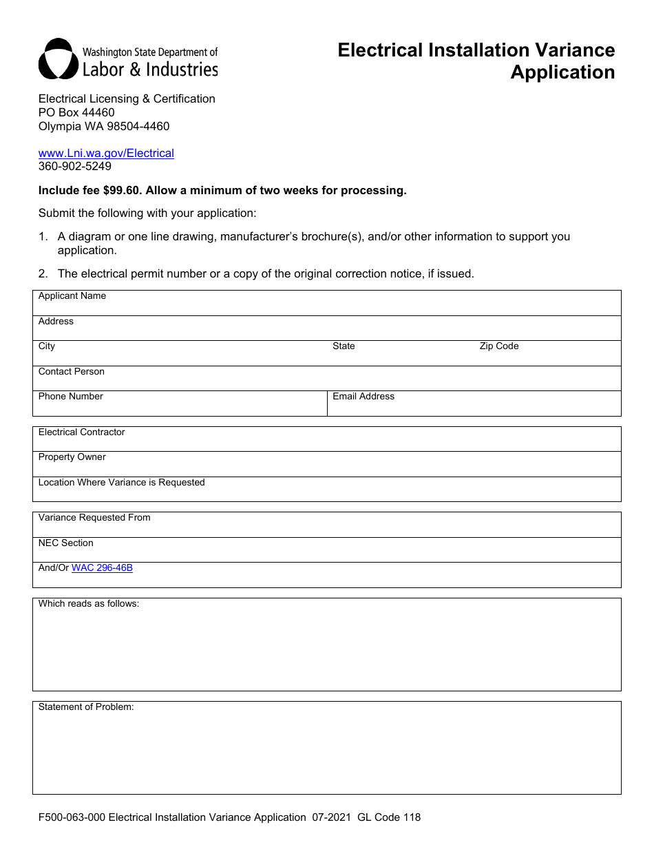 Form F500-063-000 Electrical Installation Variance Application - Washington, Page 2
