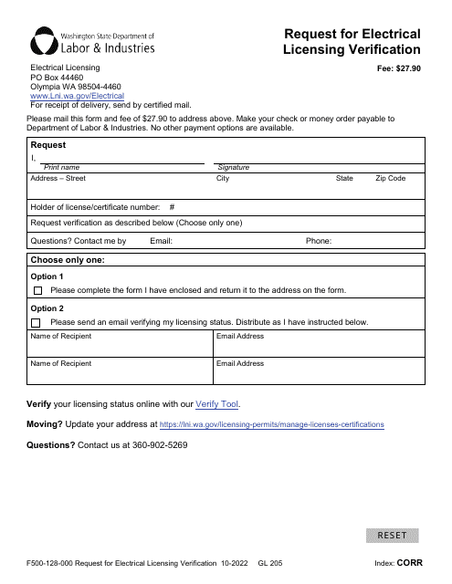 Form F500-128-000 Request for Electrical Licensing Verification - Washington