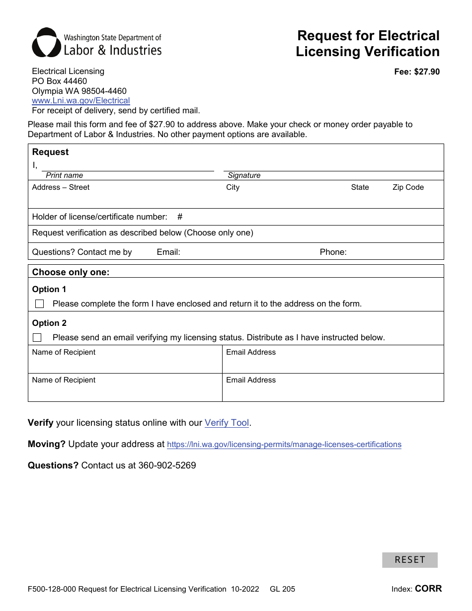 Form F500-128-000 Request for Electrical Licensing Verification - Washington, Page 1