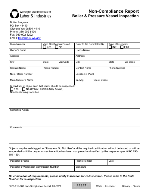 Form F620-012-000 Non-compliance Report - Boiler & Pressure Vessel Inspection - Washington