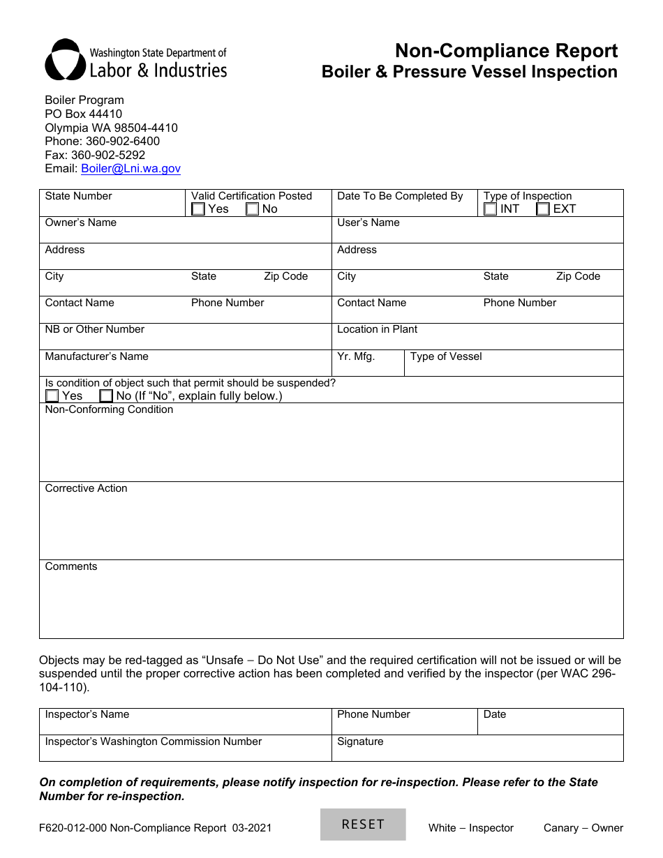 Form F620-012-000 Non-compliance Report - Boiler  Pressure Vessel Inspection - Washington, Page 1