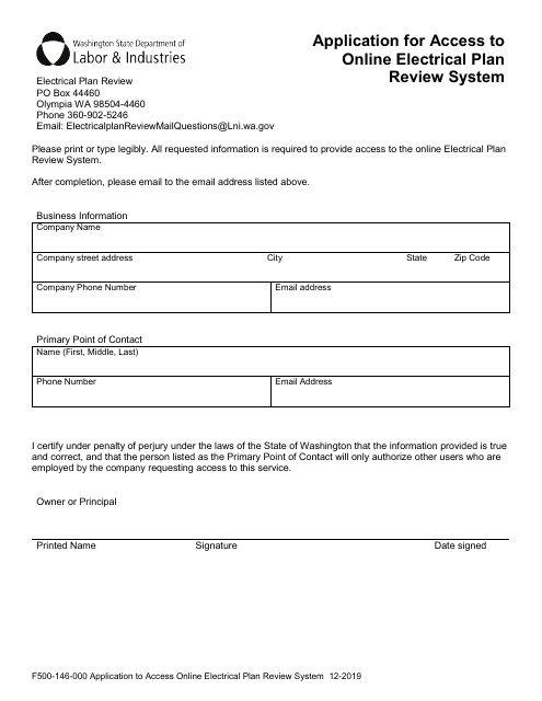 Form F500-146-000 Application for Access to Online Electrical Plan Review System - Washington