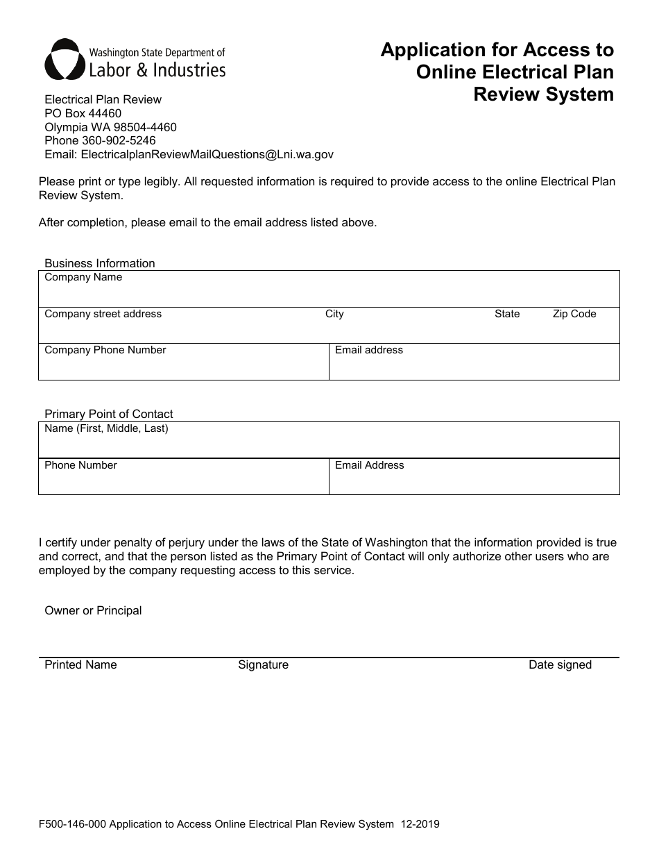 Form F500-146-000 Application for Access to Online Electrical Plan Review System - Washington, Page 1