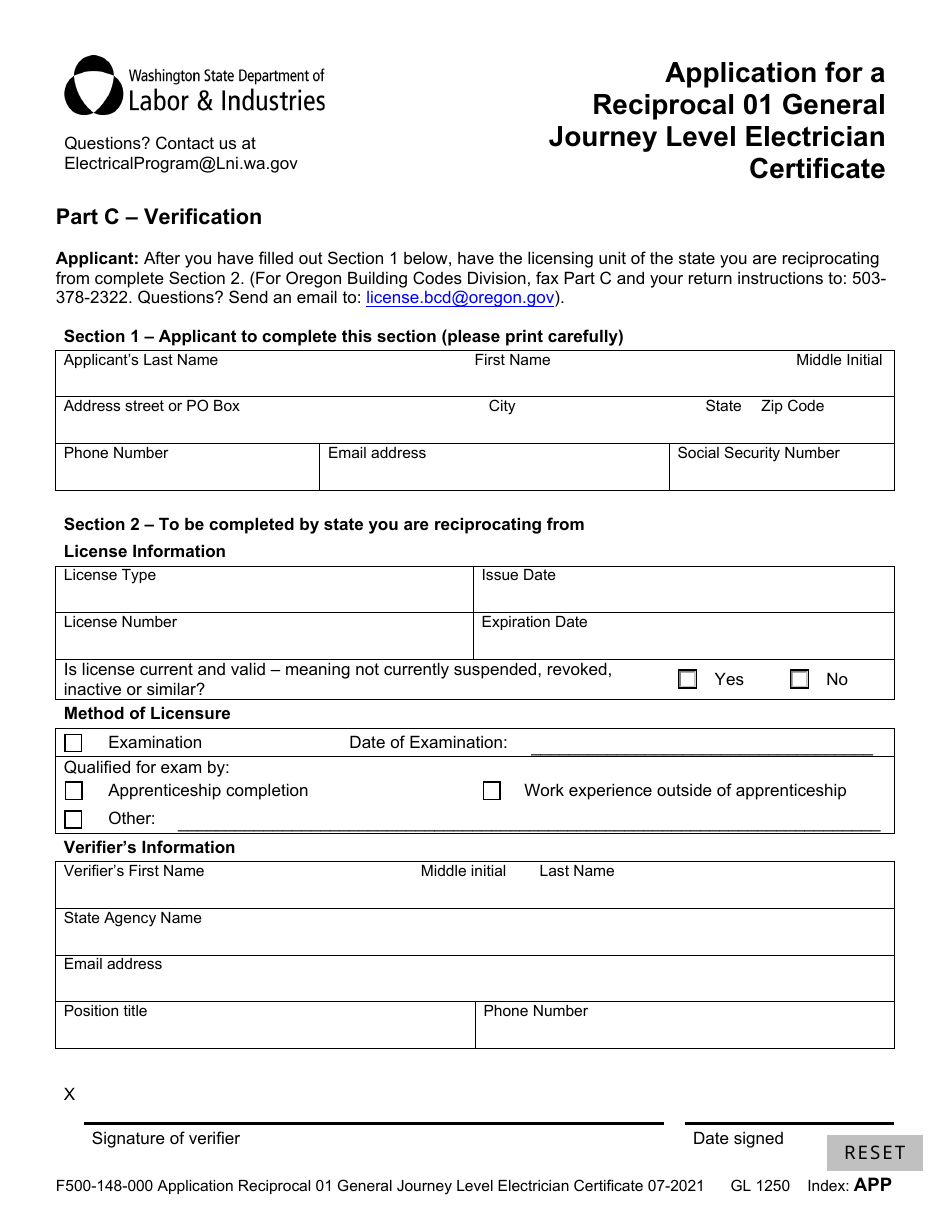 Form F500-148-000 Application for a Reciprocal 01 General Journey Level Electrician Certificate - Washington, Page 3