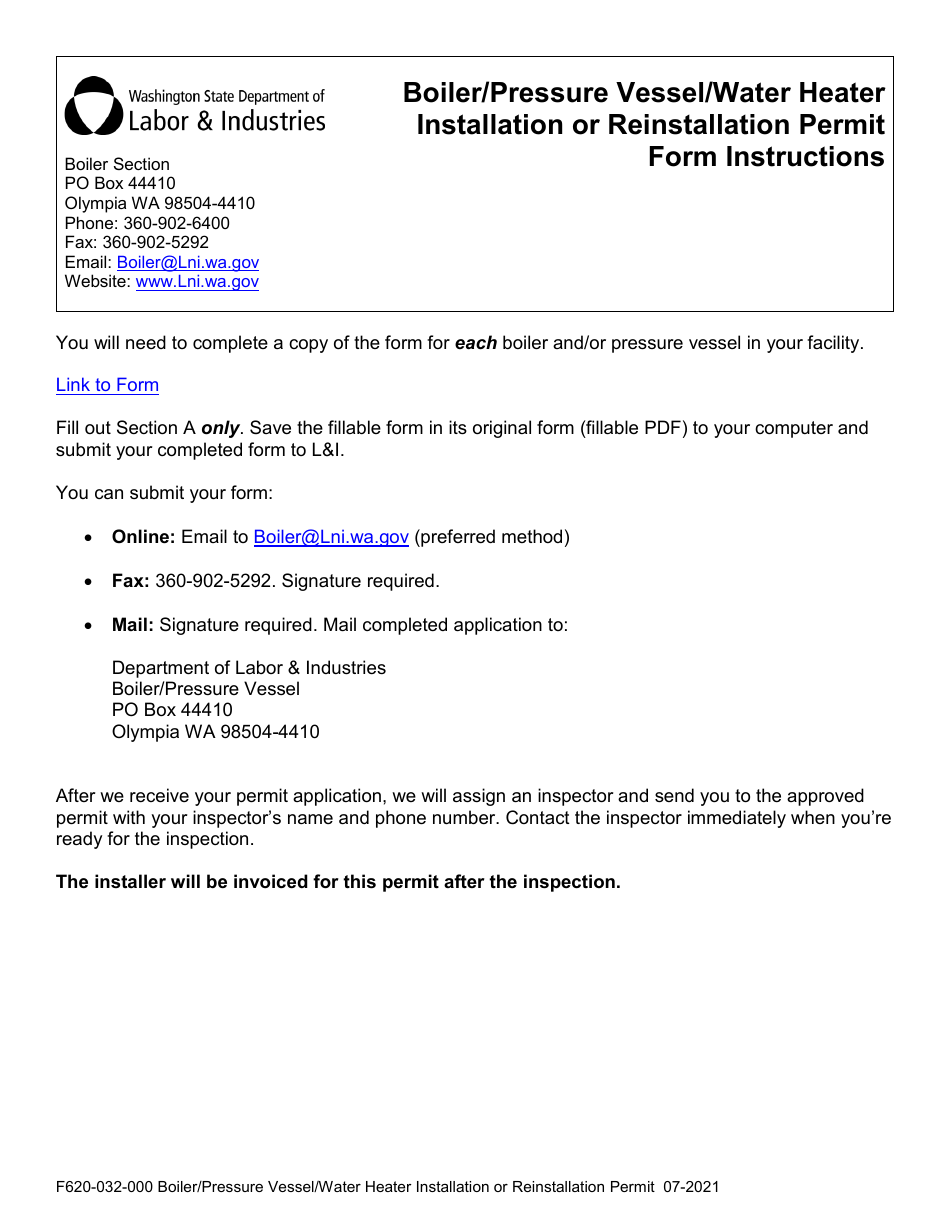 Instructions for Form F620-032-000 Boiler / Pressure Vessel / Water Heater Installation or Reinstallation Permit - Washington, Page 1