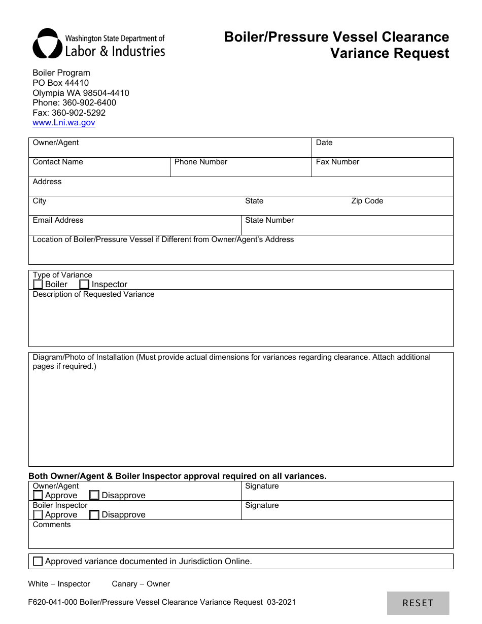 Form F620-041-000 Boiler / Pressure Vessel Clearance Variance Request - Washington, Page 1