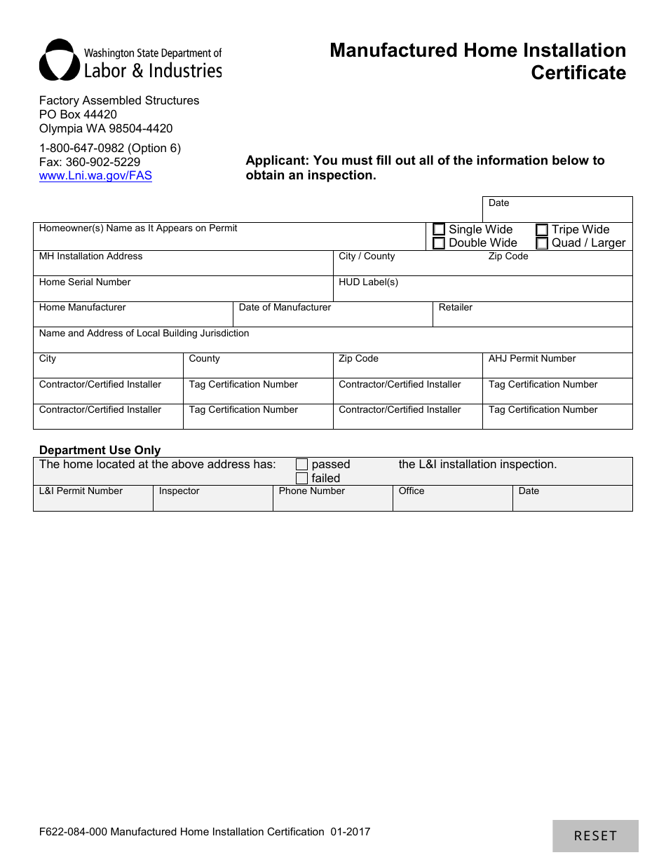 Form F622-084-000 Manufactured Home Installation Certificate - Washington, Page 1