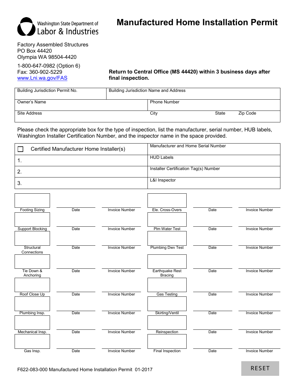 Form F622-083-000 Manufactured Home Installation Permit - Washington, Page 1
