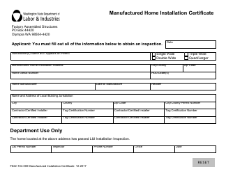 Document preview: Form F622-104-000 Manufactured Home Installation Certificate - Washington