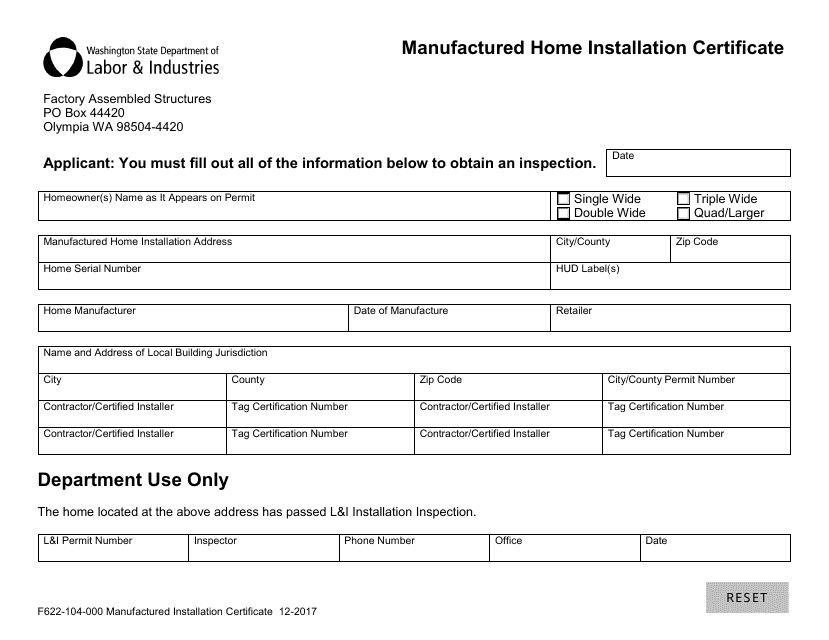 Form F622-104-000 Manufactured Home Installation Certificate - Washington