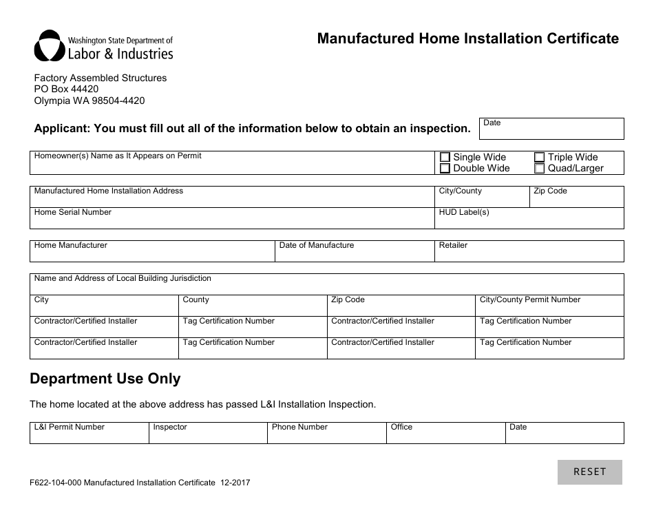 Form F622-104-000 Manufactured Home Installation Certificate - Washington, Page 1