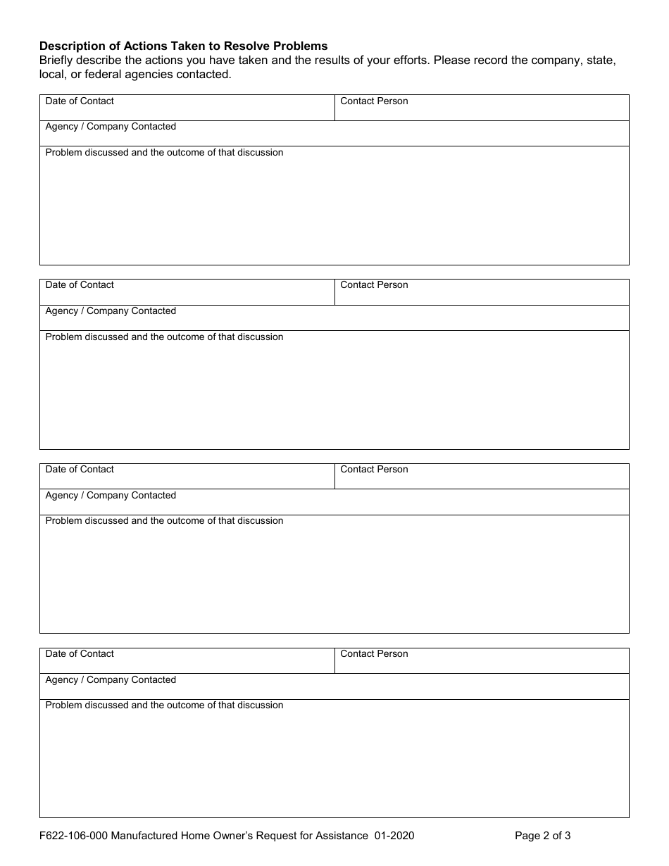 Form F622-106-000 Manufactured Home Owners Request for Assistance - Washington, Page 3