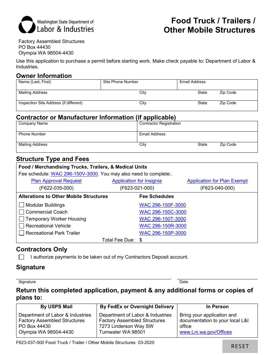 Form F623-037-000 Food Truck / Trailers / Other Mobile Structures - Washington, Page 1
