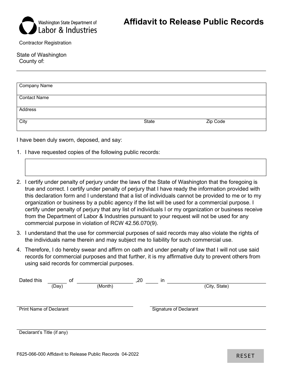 Form F625-066-000 Affidavit to Release Public Records - Washington, Page 1