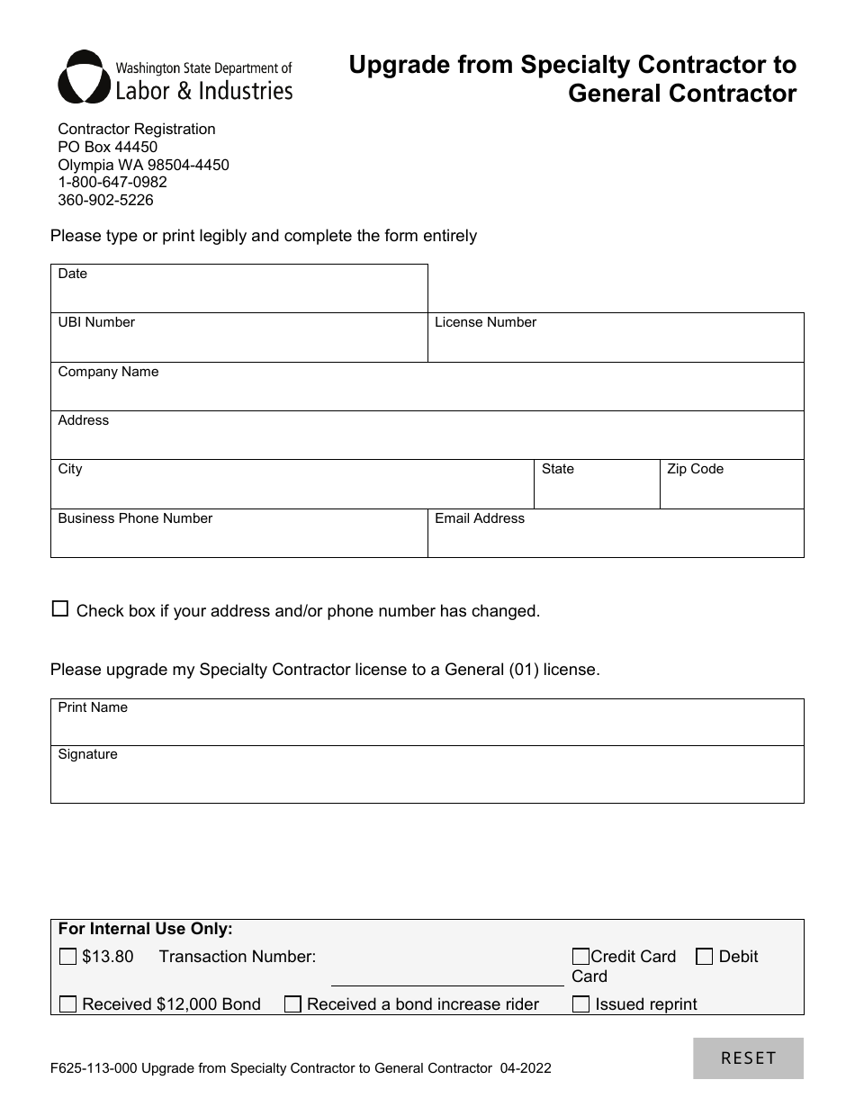 Form F625-113-000 Upgrade From Specialty Contractor to General Contractor - Washington, Page 1