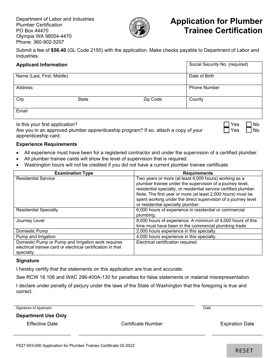 Form F627-003-000 Application for Plumber Trainee Certification - Washington, Page 1