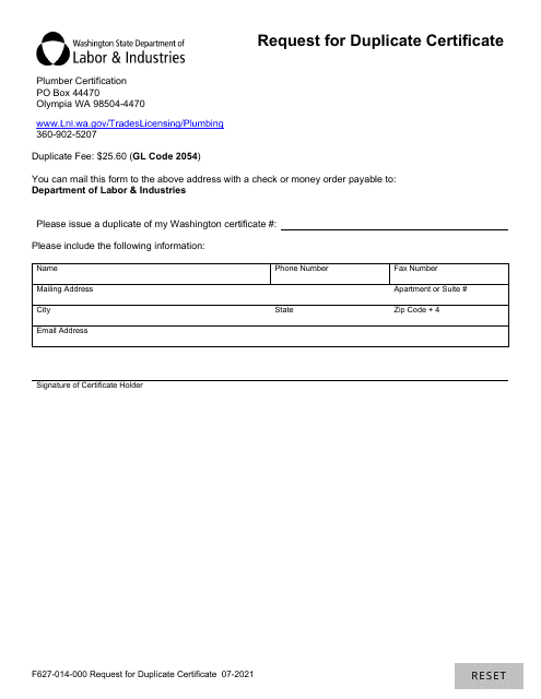 Form F627-014-000 Request for Duplicate Certificate - Washington