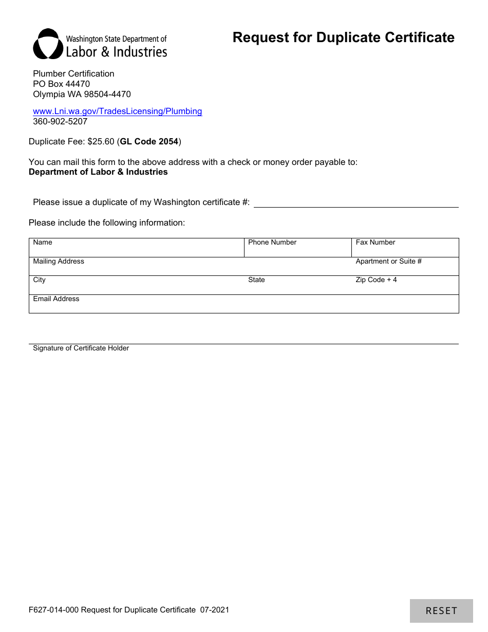 Form F627-014-000 Request for Duplicate Certificate - Washington, Page 1