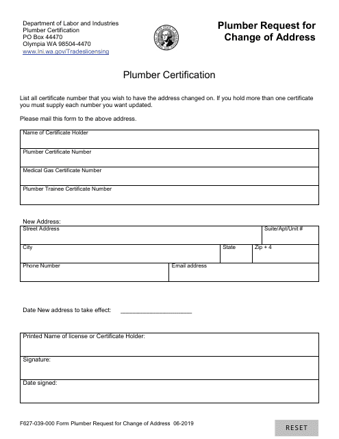 Form F627-039-000 Plumber Request for Change of Address - Washington