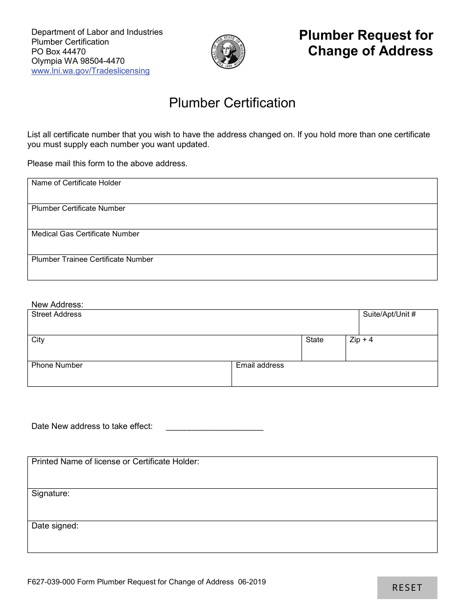 Form F627-039-000 Plumber Request for Change of Address - Washington, Page 1