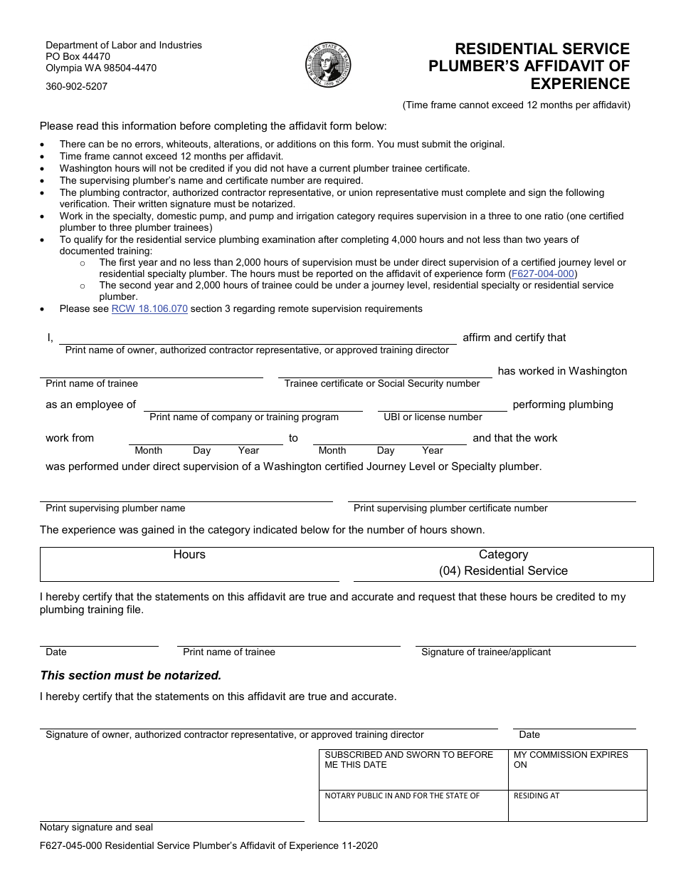 Form F627-045-000 Residential Service Plumbers Affidavit of Experience - Washington, Page 1