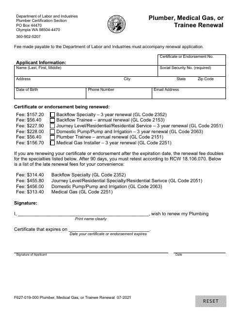 Form F627-019-000 Plumber, Medical Gas, or Trainee Renewal - Washington