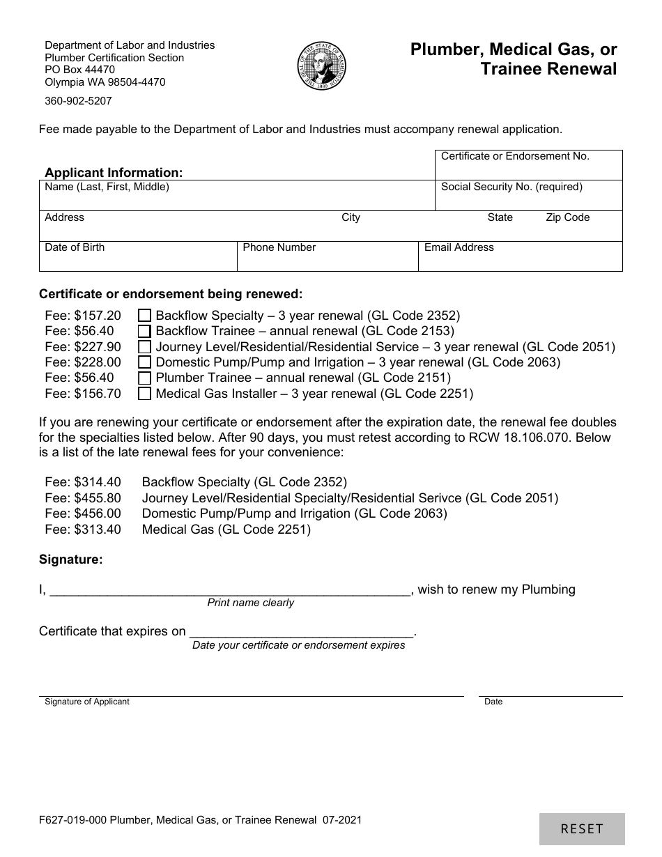 Form F627-019-000 Plumber, Medical Gas, or Trainee Renewal - Washington, Page 1