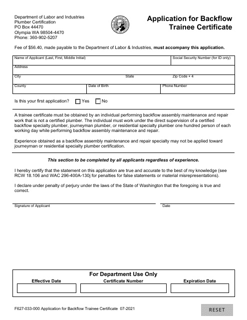 Form F627-033-000 Application for Backflow Trainee Certificate - Washington
