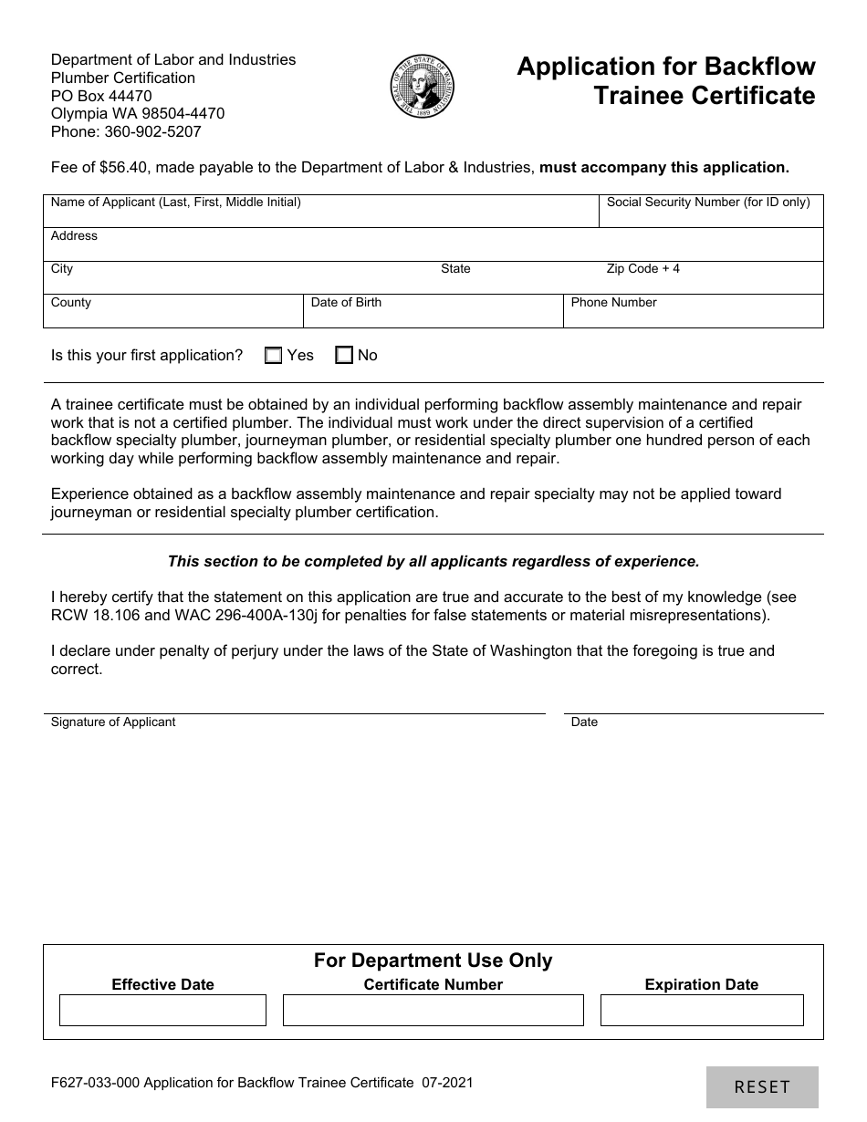 Form F627-033-000 Application for Backflow Trainee Certificate - Washington, Page 1