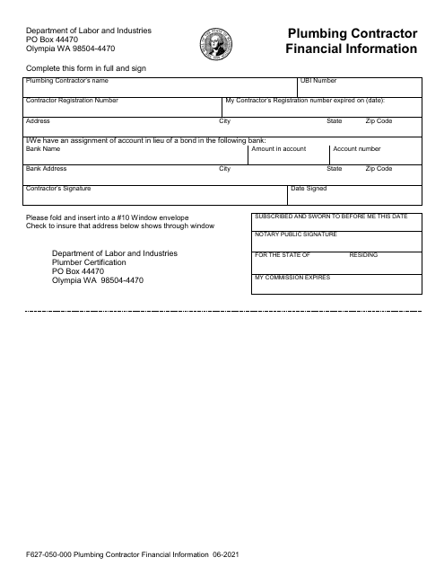 Form F627-050-000 Plumbing Contractor Financial Information - Washington