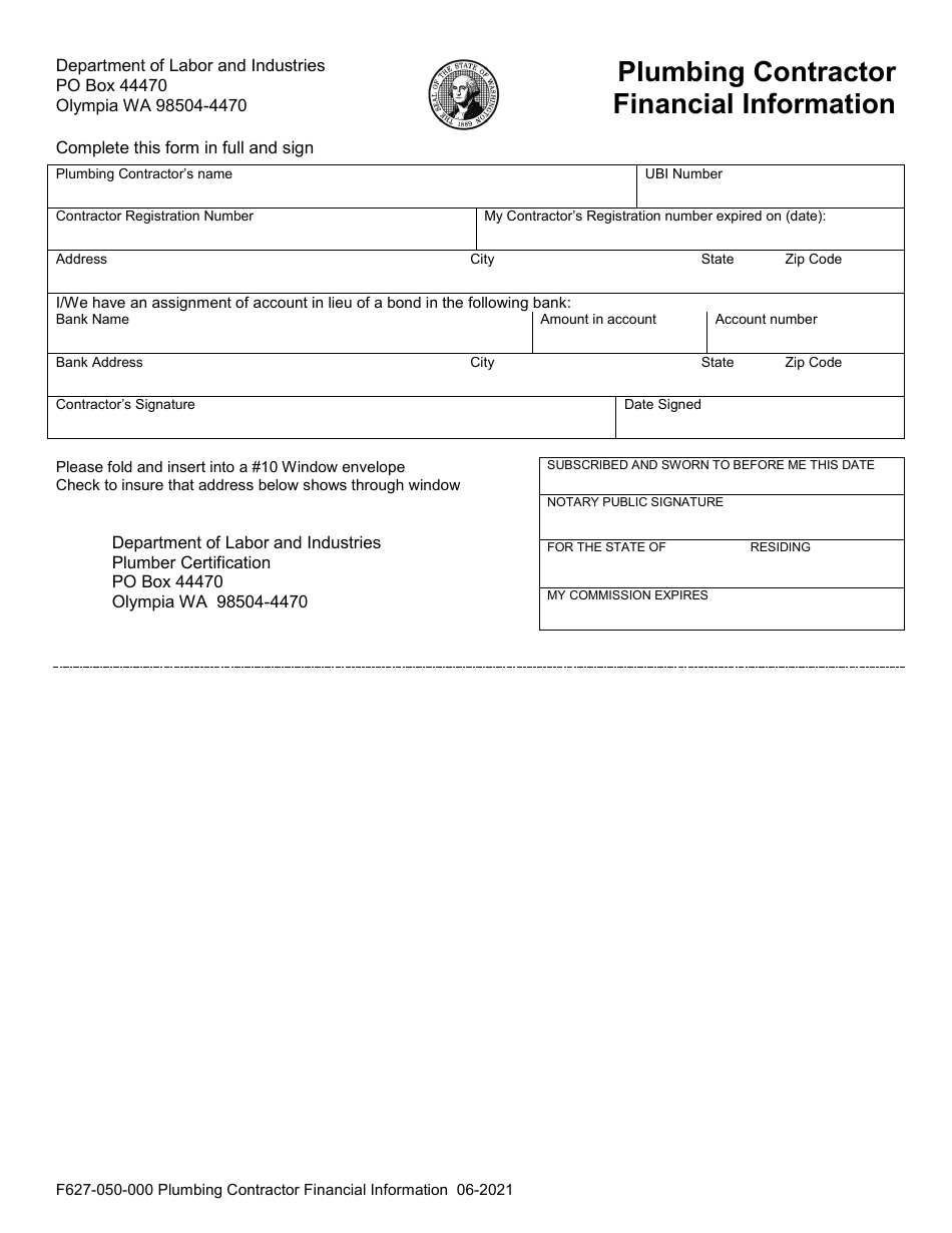 Form F627-050-000 Plumbing Contractor Financial Information - Washington, Page 1