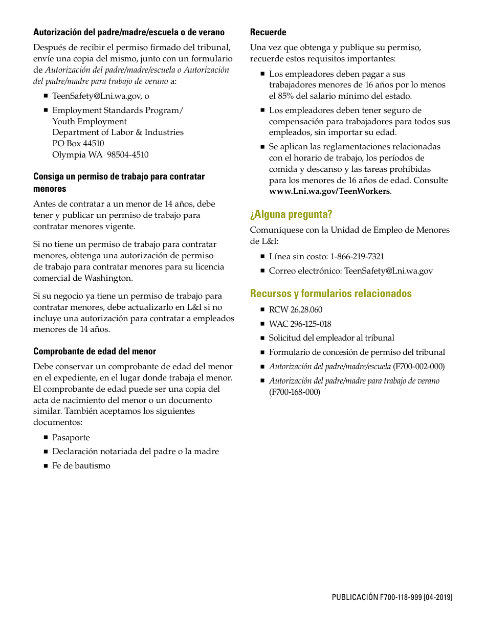 Form F700-118-999 Permission and Order to Employ Minors Under 14 - Washington (English / Spanish), Page 2