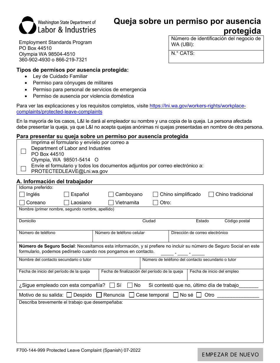 Formulario F700-144-999 Queja Sobre Un Permiso Por Ausencia Protegida - Washington (Spanish), Page 1