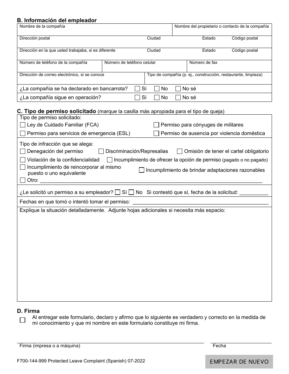 Formulario F700-144-999 Queja Sobre Un Permiso Por Ausencia Protegida - Washington (Spanish), Page 2