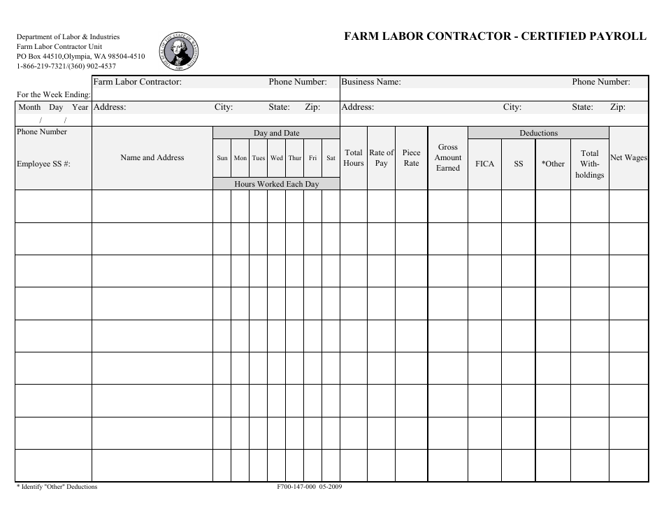 Form F700-147-000 Farm Labor Contractor - Certified Payroll - Washington, Page 1