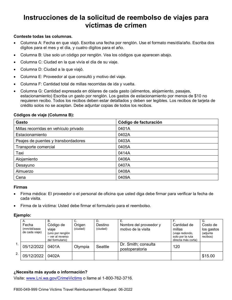 Formulario F800-049-999 Solicitud De Reembolso De Viaje Para Victimas De Crimen - Washington (Spanish), Page 2