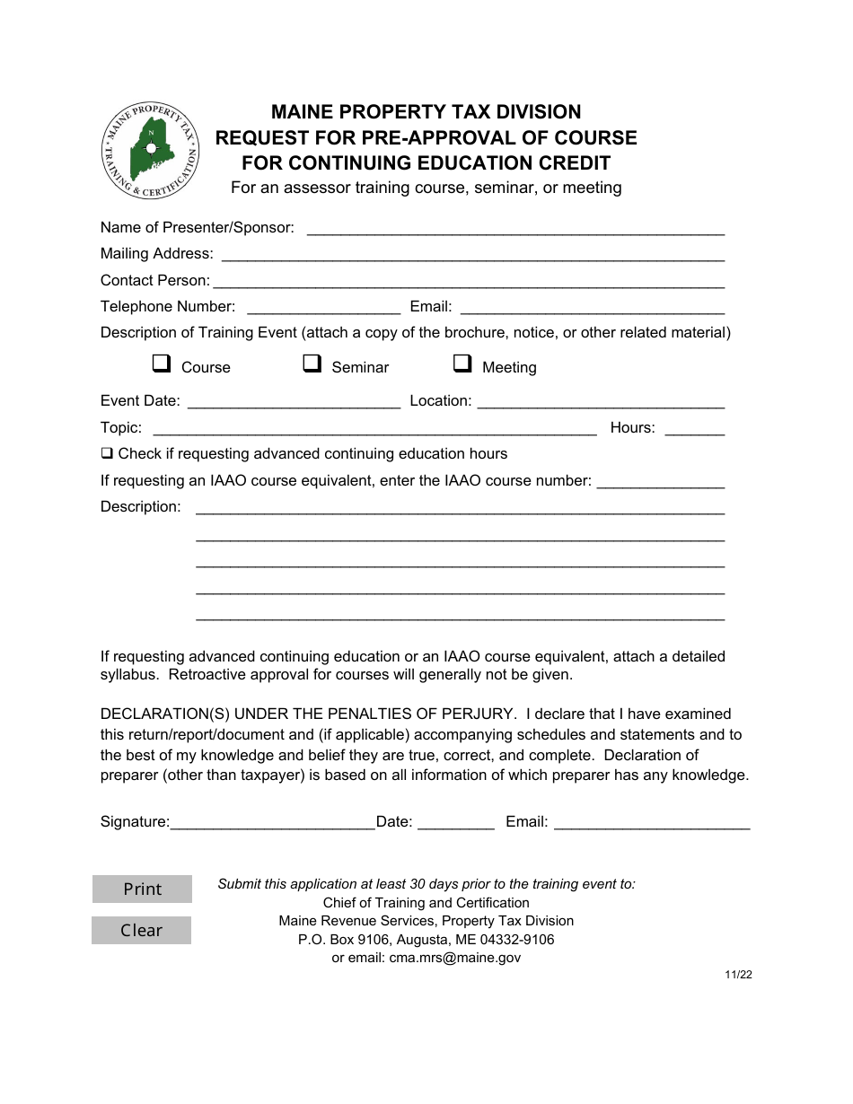 Request for Pre-approval of Course for Continuing Education Credit - Maine, Page 1