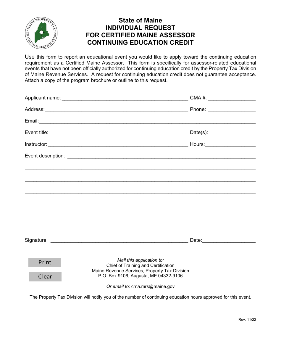 Individual Request for Certified Maine Assessor Continuing Education Credit - Maine, Page 1