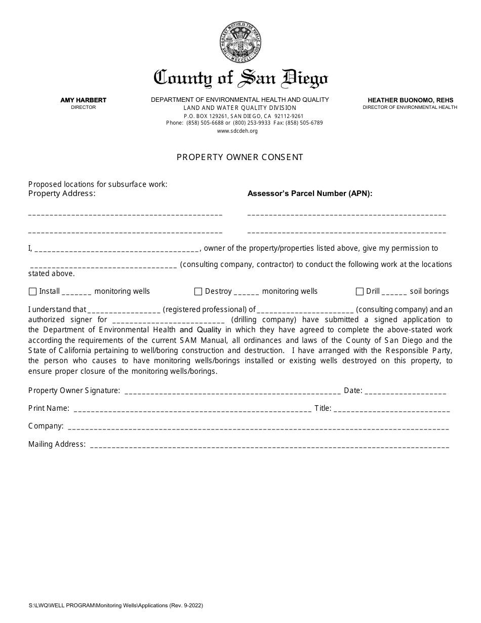 Property Owner Consent - County of San Diego, California, Page 1