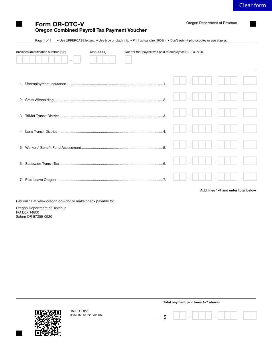 Form OR-OTC-V (150-211-053) Oregon Combined Payroll Tax Payment Voucher - Oregon, Page 1