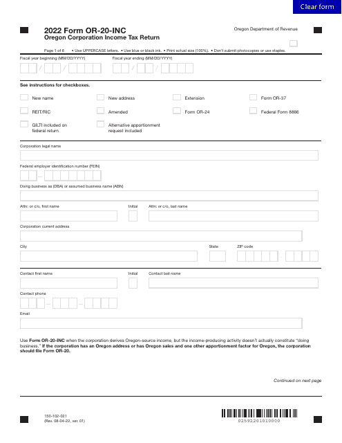 Form OR-20-INC (150-102-021) Oregon Corporation Income Tax Return - Oregon, 2022