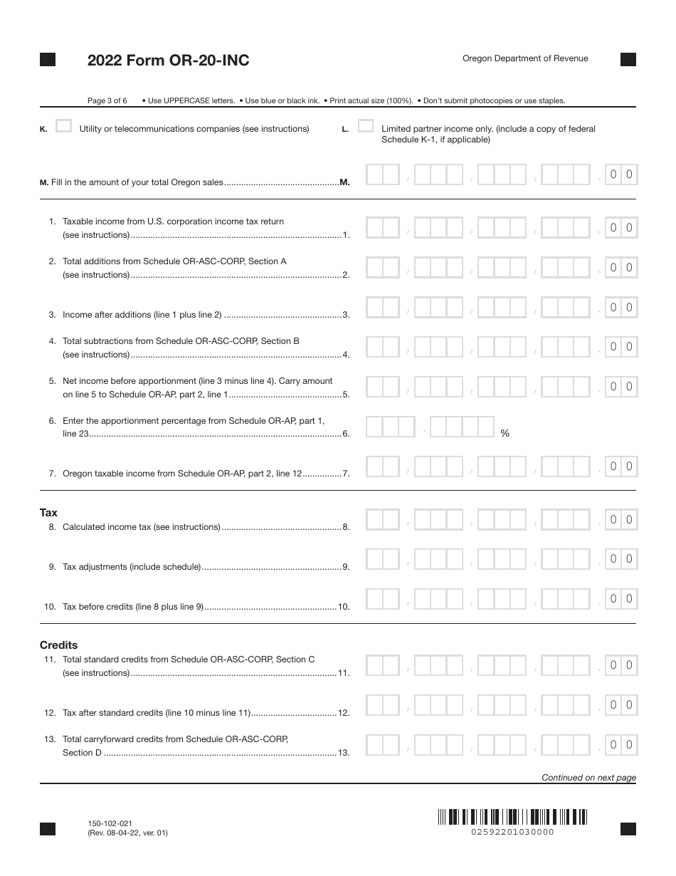 Form OR-20-INC (150-102-021) Oregon Corporation Income Tax Return - Oregon, Page 3