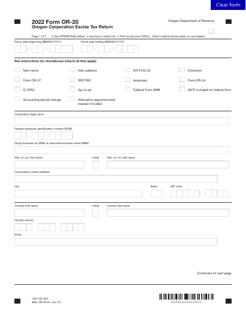 Form OR-20 (150-102-020) 2022 Printable Pdf