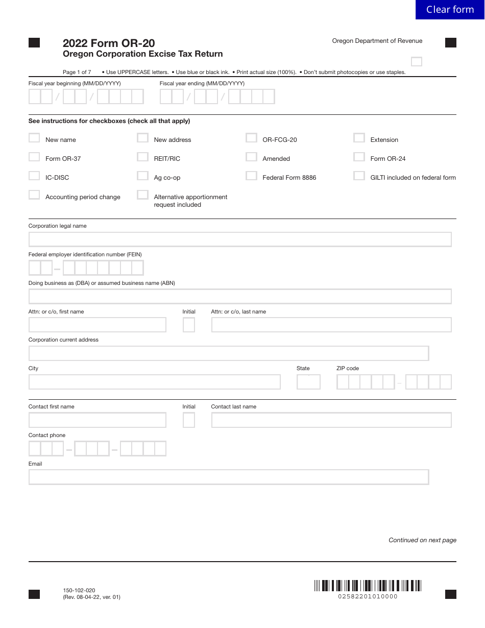 Form OR-20 (150-102-020) Oregon Corporation Excise Tax Return - Oregon, Page 1