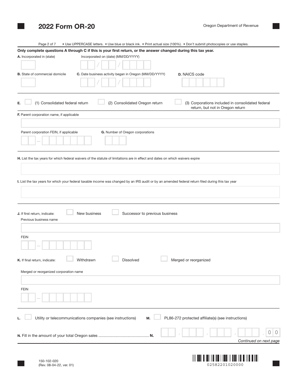 Form OR20 (150102020) Download Fillable PDF or Fill Online Oregon