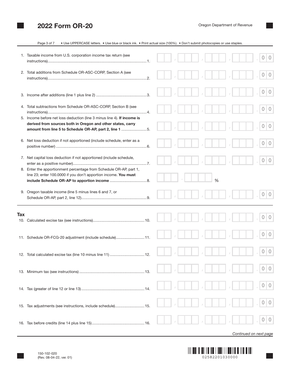 Form OR-20 (150-102-020) Oregon Corporation Excise Tax Return - Oregon, Page 3