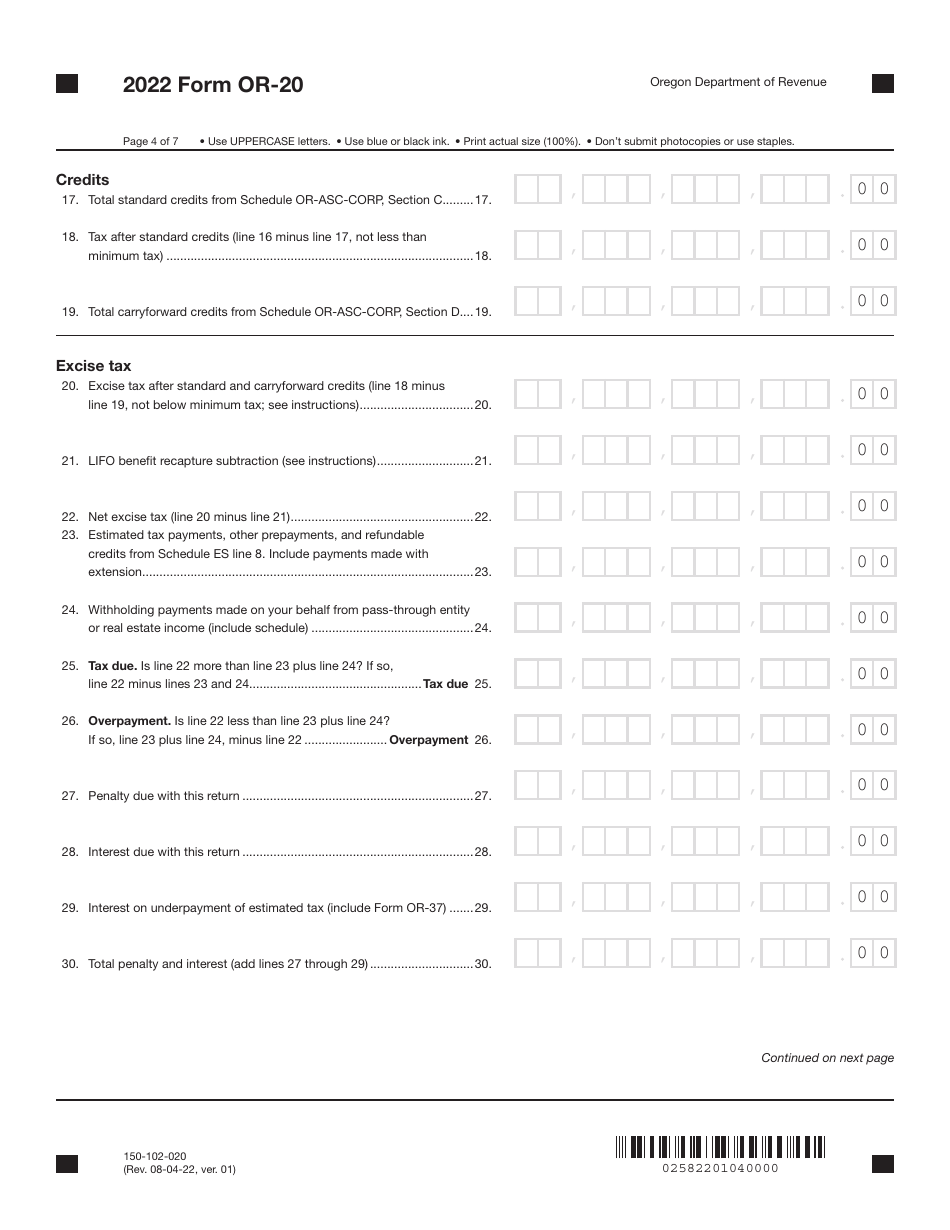 Form OR20 (150102020) Download Fillable PDF or Fill Online Oregon