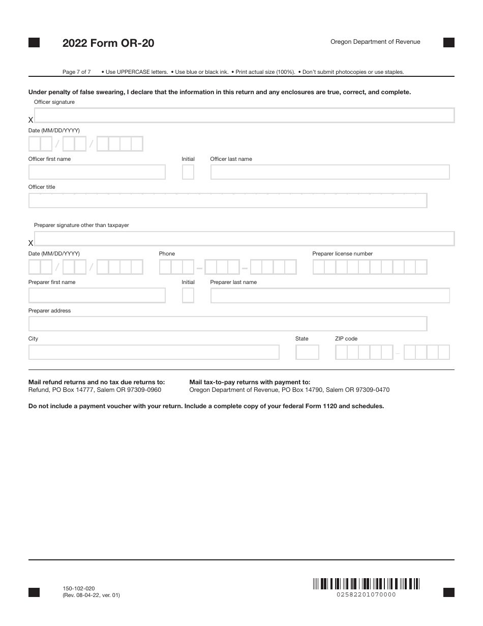 Form OR-20 (150-102-020) Oregon Corporation Excise Tax Return - Oregon, Page 7