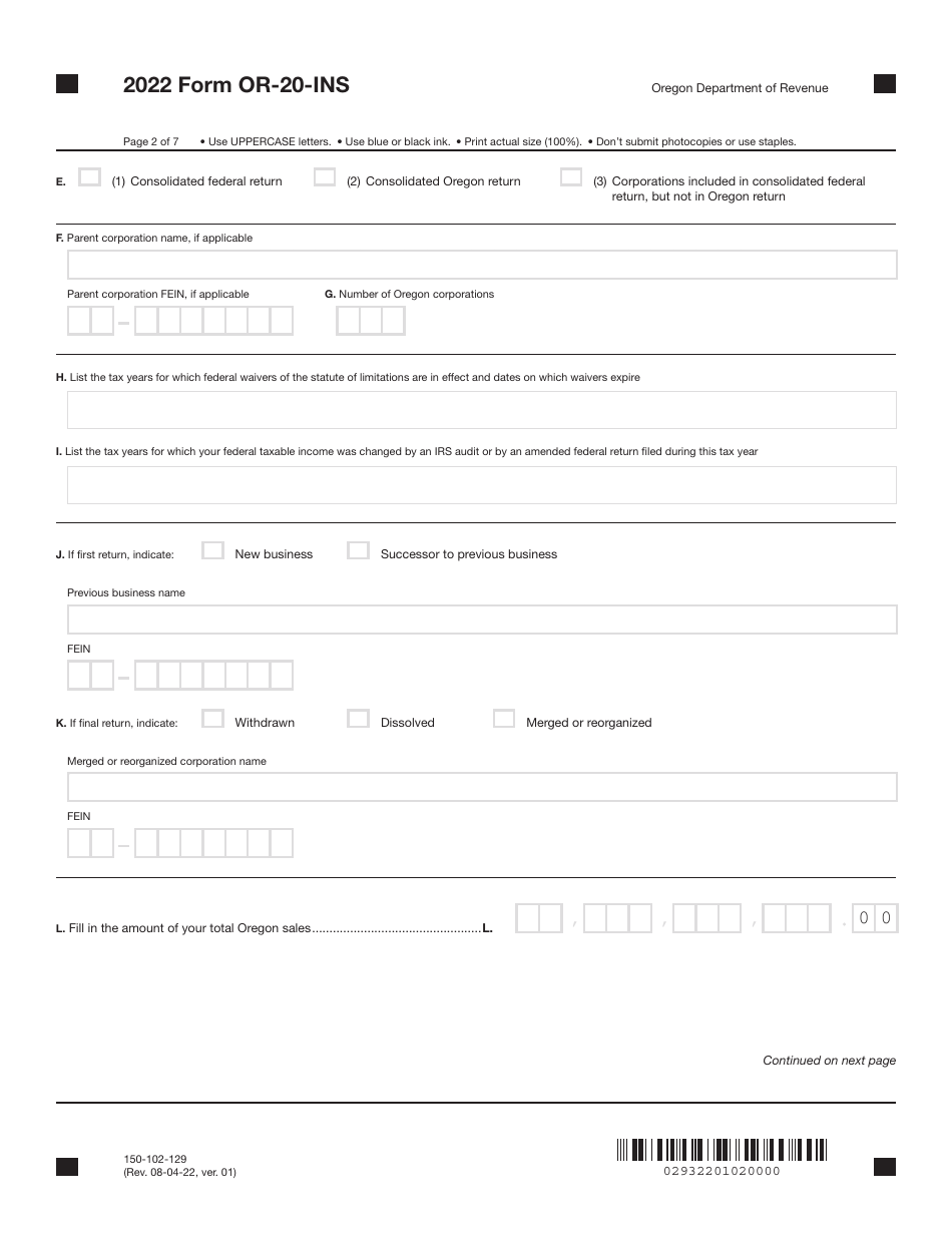 Form OR-20-INS (150-102-129) Oregon Insurance Excise Tax Return - Oregon, Page 2