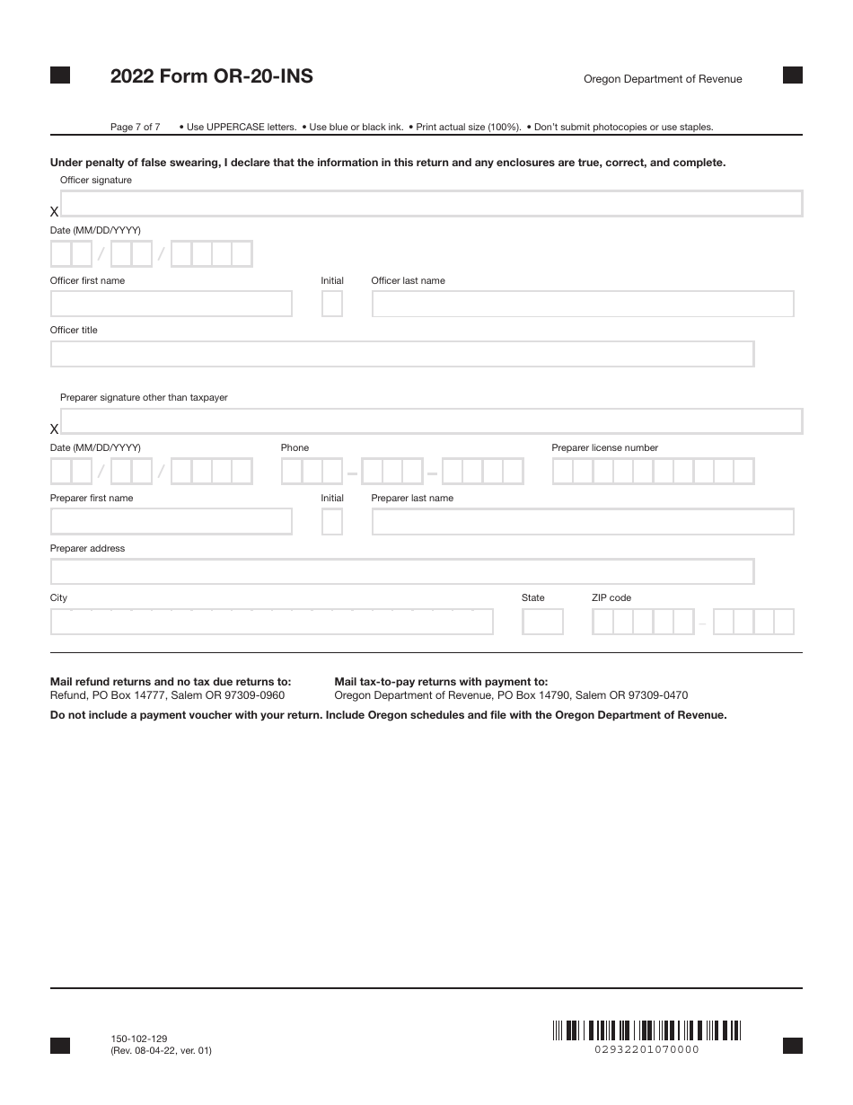 Form OR-20-INS (150-102-129) Oregon Insurance Excise Tax Return - Oregon, Page 7